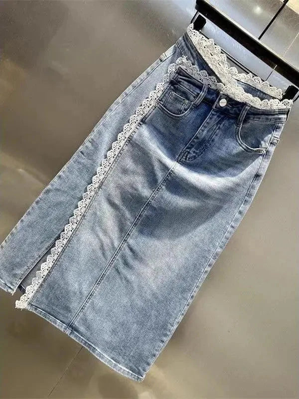 Casual High Waist Denim Skirt with Lace Trim Splice Design And Slit for Women Faionable Versatile  Skirt for Summer GlowCart