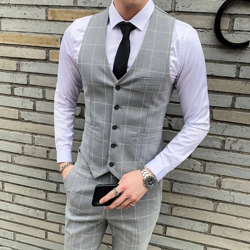Fashion Men Business Checkered Striped Suit Vest Black / GlowCart