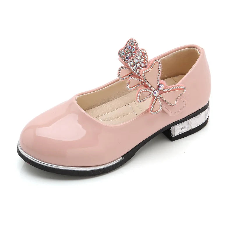 Girls Leather Shoes 2023 Spring Summer PU Patent Leather Kids Dress Shoes High Heels Butterfly-knot Dress Shoes for Wedding Chic GlowCart