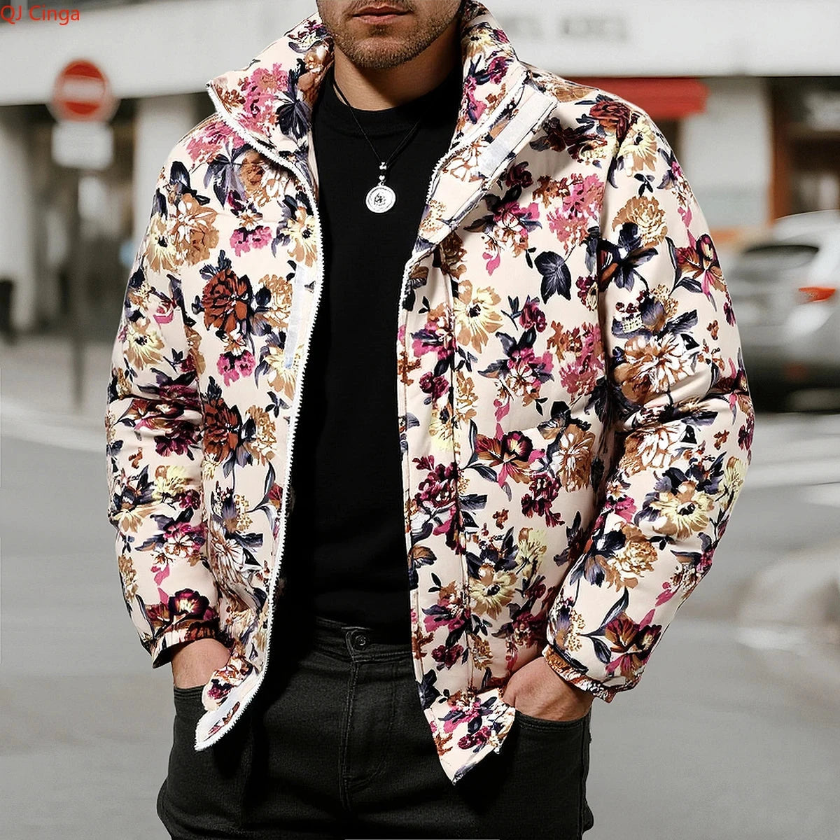 Winter Arrival Men's Beige Long-Sleeve Printed Thick Jacket, GlowCart