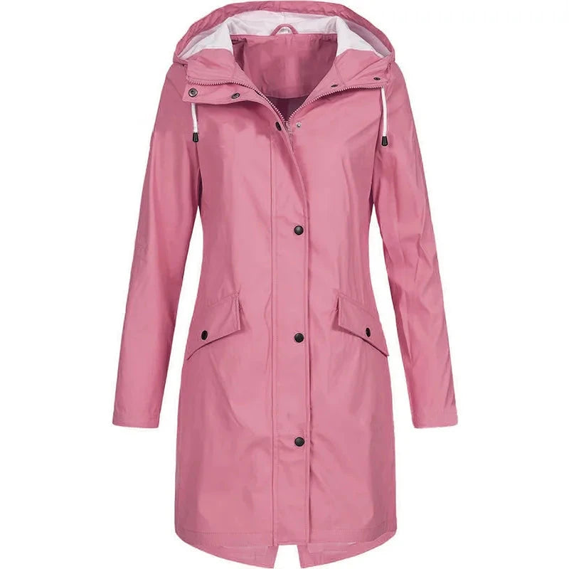 Women Casual Solid Color Long Coat Waterproof Zipper Rain GlowCart