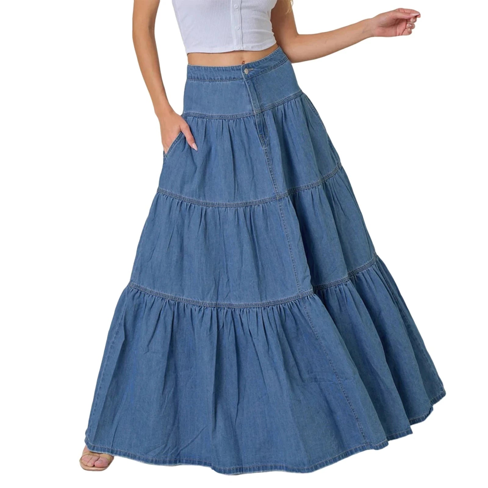 2025 New Fashion Women's Denim Long Skirt Stylish Solid High Waist A-Line Jean Skirt for Summer & Spring GlowCart