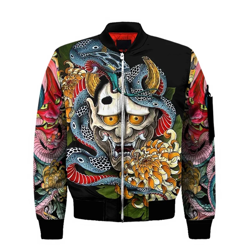 Spring Autumn Mens Bomber Jacket Samurai Oni Mask Tattoo 3D All Over Printed Zip Tracksuits Unisex Casual Zipper Jacket Clothing GlowCart