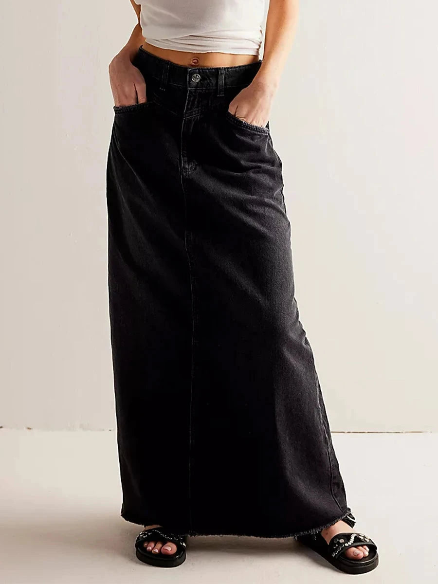 Women Y2K Vintage Denim Maxi Skirt High Waist A-Line Frayed Hem Loose Long Jean Skirt OOTD Streetwear GlowCart