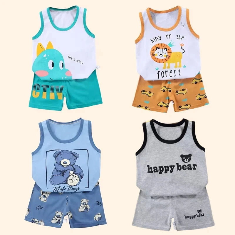 2PCS Children Sets Kids Clothes Vest Suit  Summer Children Clothing baby Cotton T-Shirts Shorts Tank Top  Boys Girls Sleeveless GlowCart