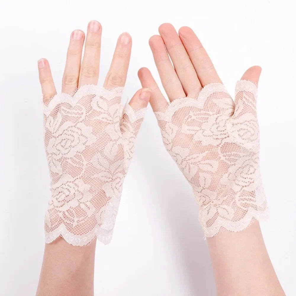 Women Short Lace Hollow-Out Fingerless Gloves Sun Protection GlowCart
