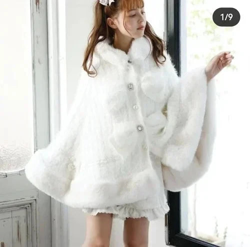 Japanese Liz Sweet Princess Faux Rabbit Fur Cape Coat Women GlowCart