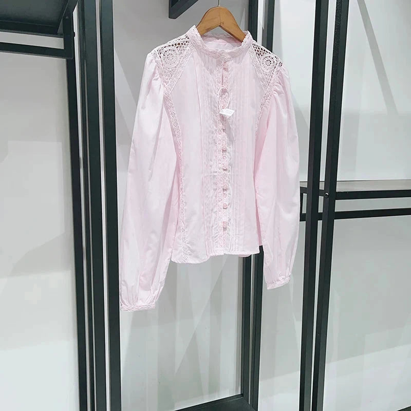 pink Women Hollow Out Lace Long Sleeve shirt 100% cotton GlowCart