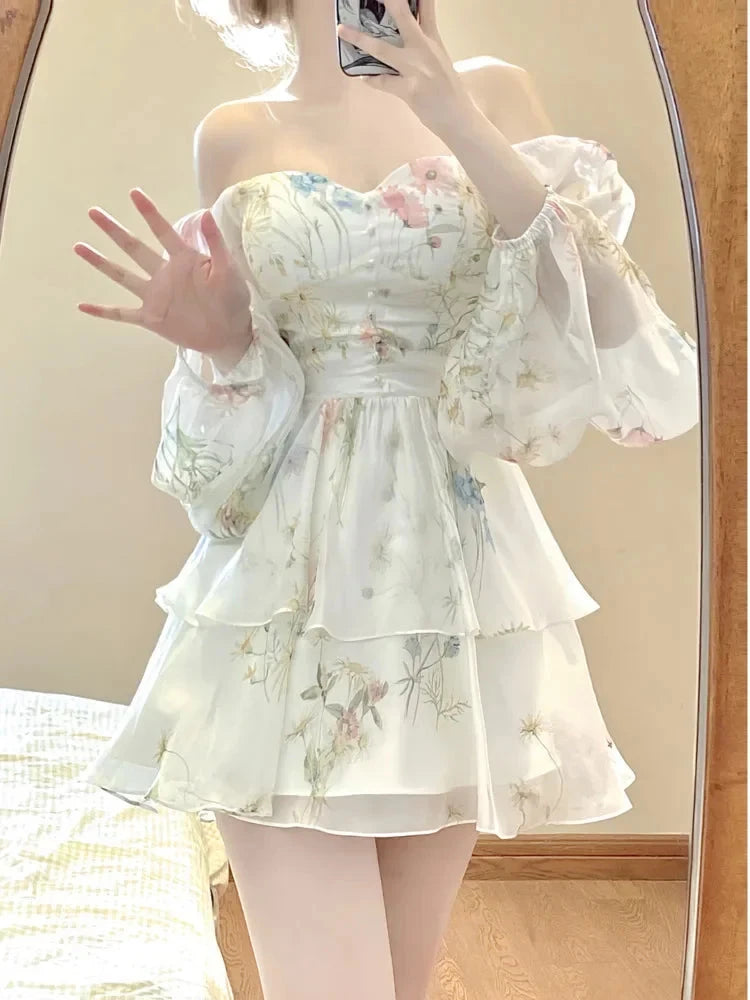 French Elegant Floral Mini Dress Chiffon Long Sleeve Evening GlowCart