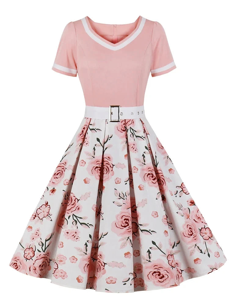 Tonval Vintage 50s Ladies Floral Pleated Rockabilly Dress GlowCart