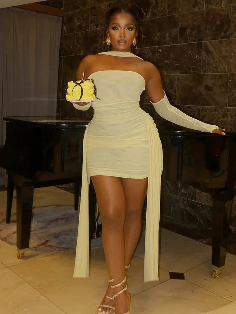 Weird Puss Sexy See Through Dress+Shawl Women Ruched Side GlowCart