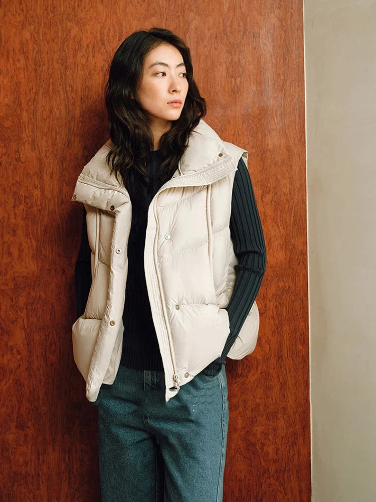 Autumn Winter Stand Collar Curved Puff Down Vest Women White GlowCart