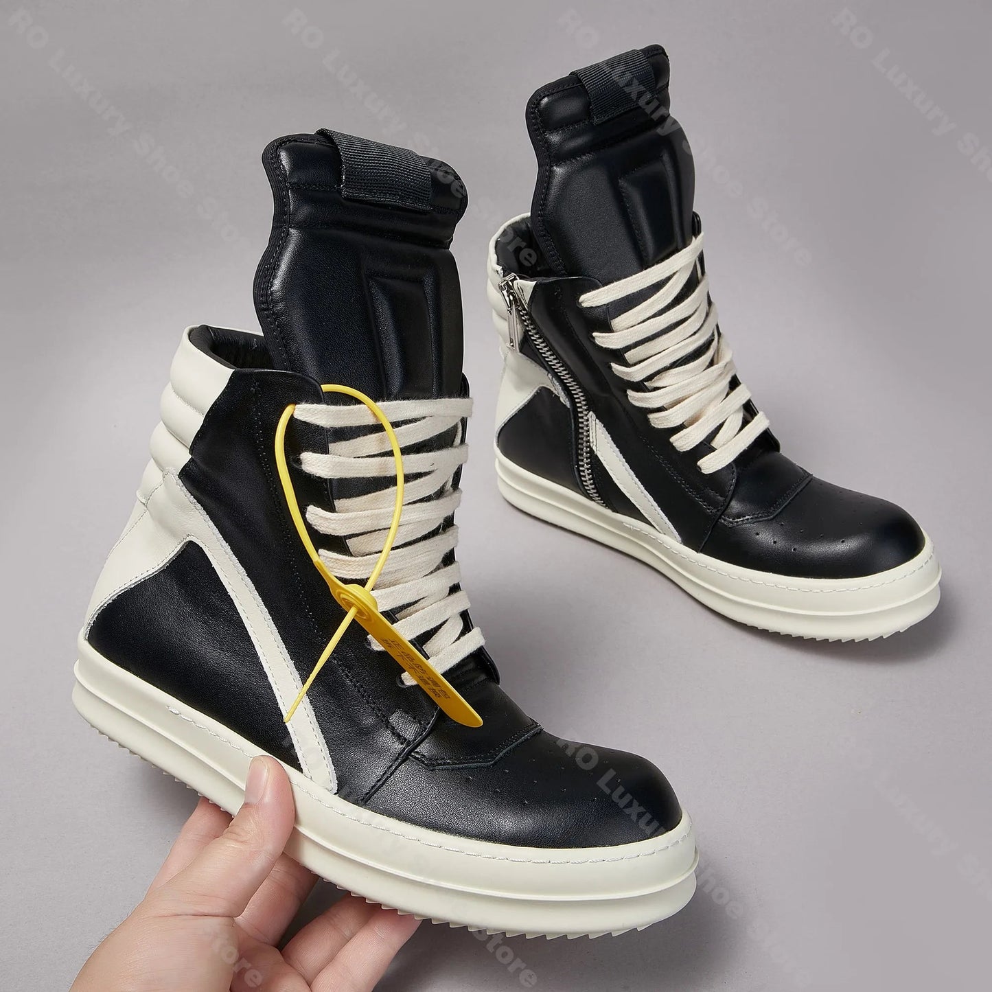 Brand Men Shoe Casual High Top Women Sneaker Black Ankle Boot Geobasket Quality Gothic Punk Leather Thick-sole Flat Zip Shoe GlowCart