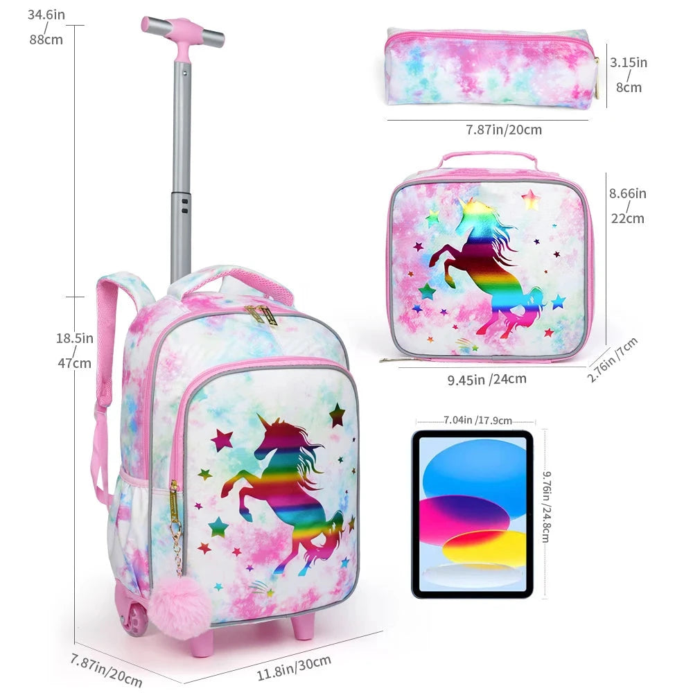 3PCS Rolling Backpack For Kids Wheeled School BookBag Golden Unicorn pattern design Glow-in-the-dark Function With Lunch Pen Bag GlowCart