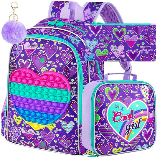 3PCS  Backpack for Girls, 16" Kids Backpacks with Lunch Box, Water Resistant Girl Bookbag for School Elementary GlowCart