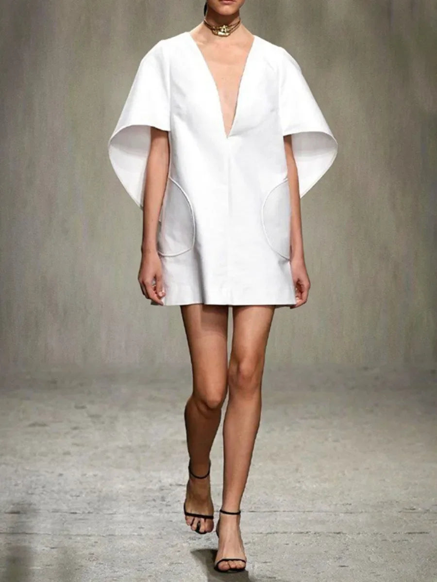 Yeezzi Fashion Black White Color Short Dress For Women 2025 New Spring Deep V-neck Half Sleeves Loose Prom Party Mini Dresses GlowCart