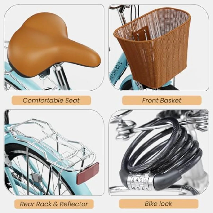 Womens Bike 7 Speed 24 26 inch Beach Cruiser Bikes for Women Step Through Adult Bicycle with Front Basket for City Commuting GlowCart