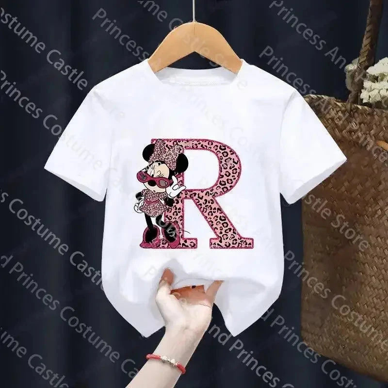 Letter A-Z Minnie Children  T-Shirts Name Combination Disney Kawaii Cartoons Clothes Kids Little Boy Girl Tee Shirts Casua GlowCart