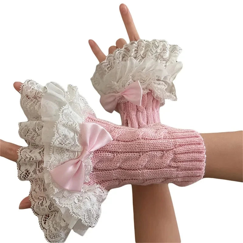 Women s Winter Warm Knit Arm Sleeves with Delicate Lace Trim GlowCart