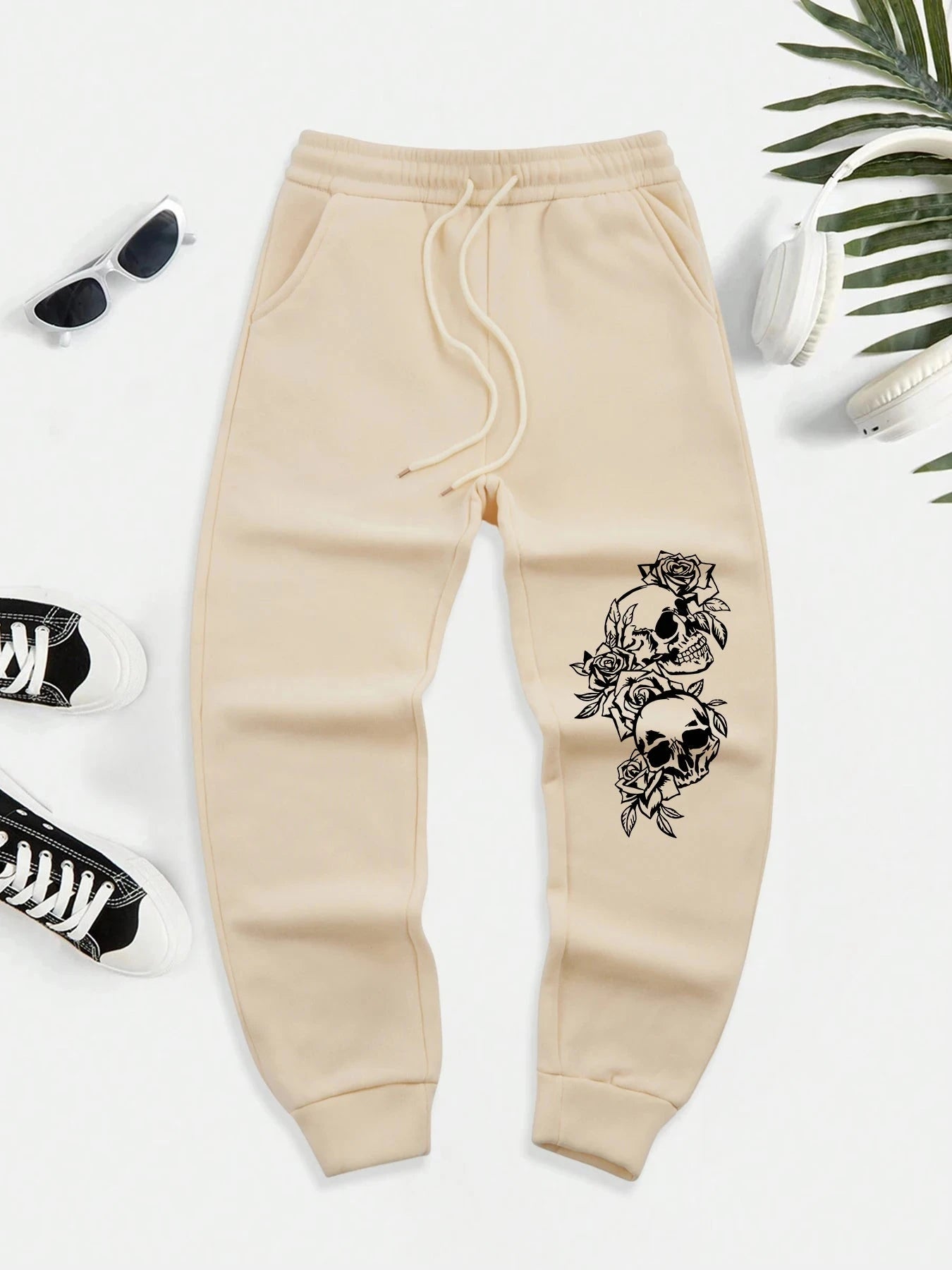Skeleton Surrounded By Roses Printed Warm Men Long Pant GlowCart