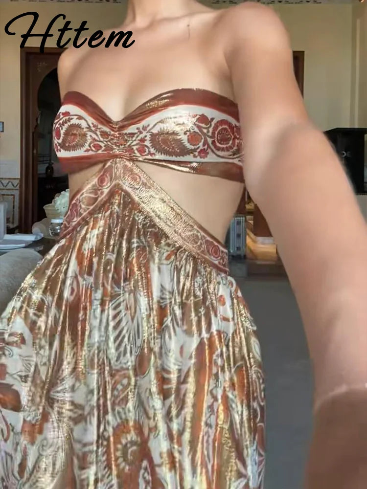 Sexy Print Hollow Out Strapless Women Dresses Beach Holidays Glitter Backless Off Shoulder Female Robe 2025 Summer Lady Dress GlowCart