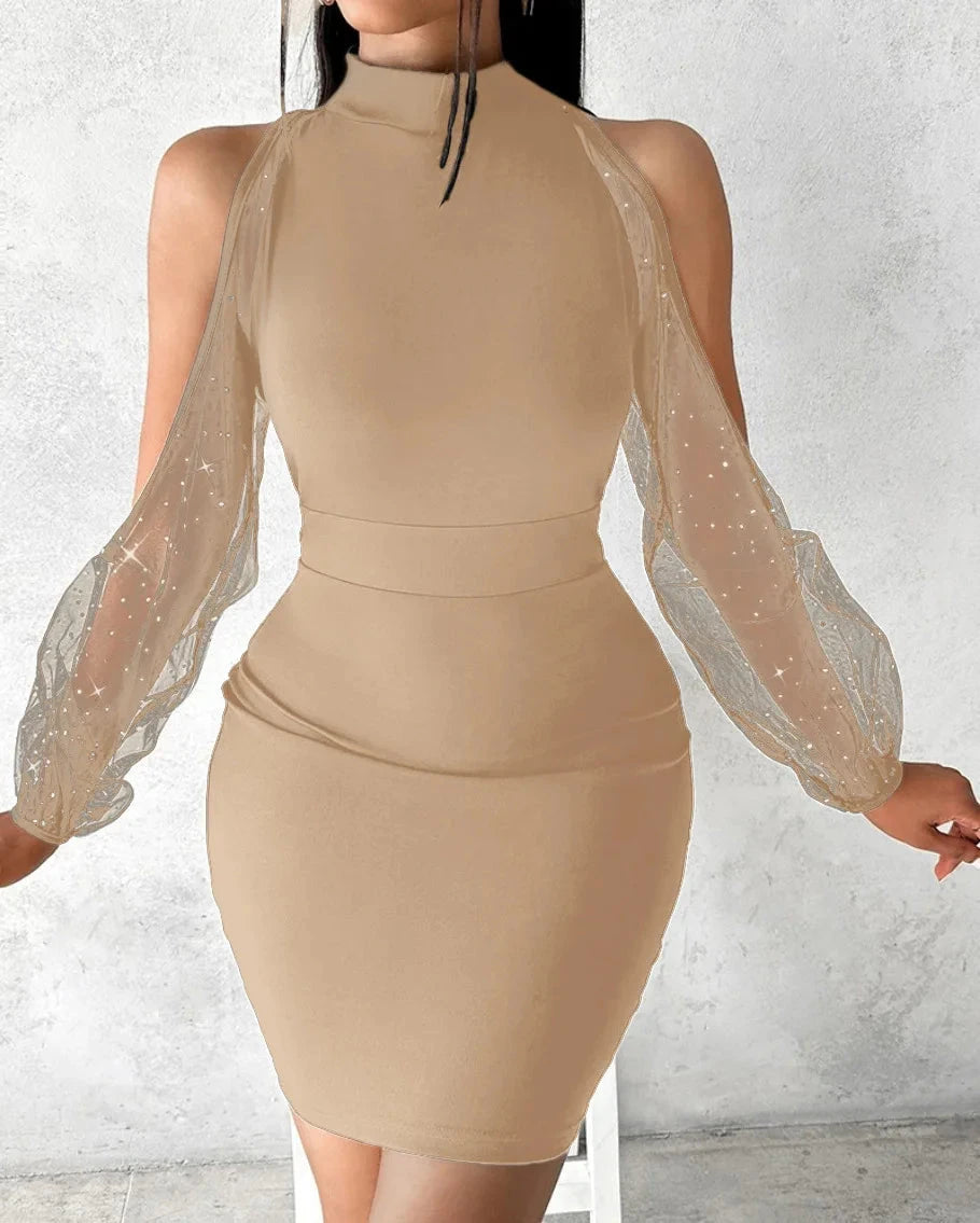 Contrast Mesh Lantern Sleeve Dress, Elegant Plunging Neck GlowCart