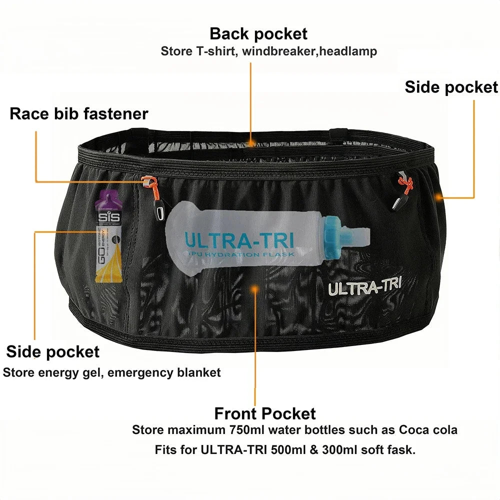 ULTRA-TRI Hydration Running Belt Elastic Bounce Resistant Trail Running Jogging Cycling Marathon Waist Pack GlowCart