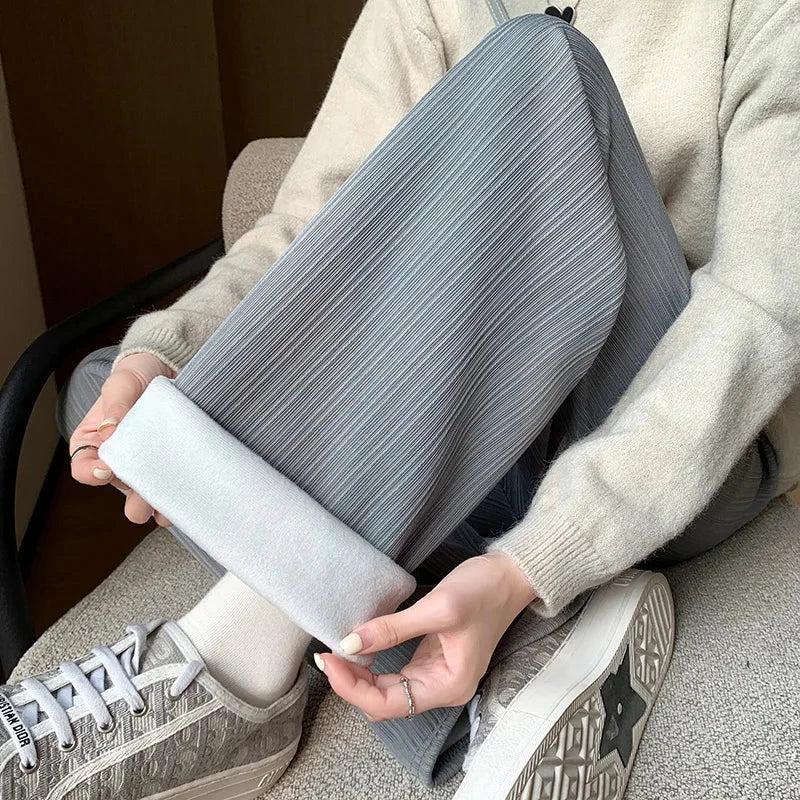 Autumn and Winter Fleece-lined Wide Leg Pants Women's High GlowCart