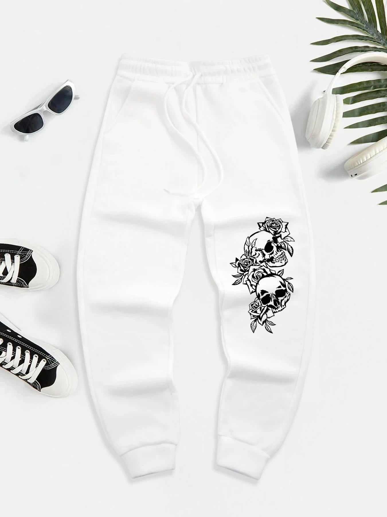 Skeleton Surrounded By Roses Printed Warm Men Long Pant GlowCart