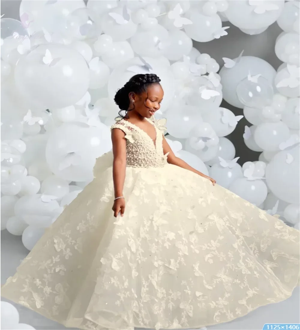 White V-neck Luxury Flower Girl Dresses For Wedding GlowCart