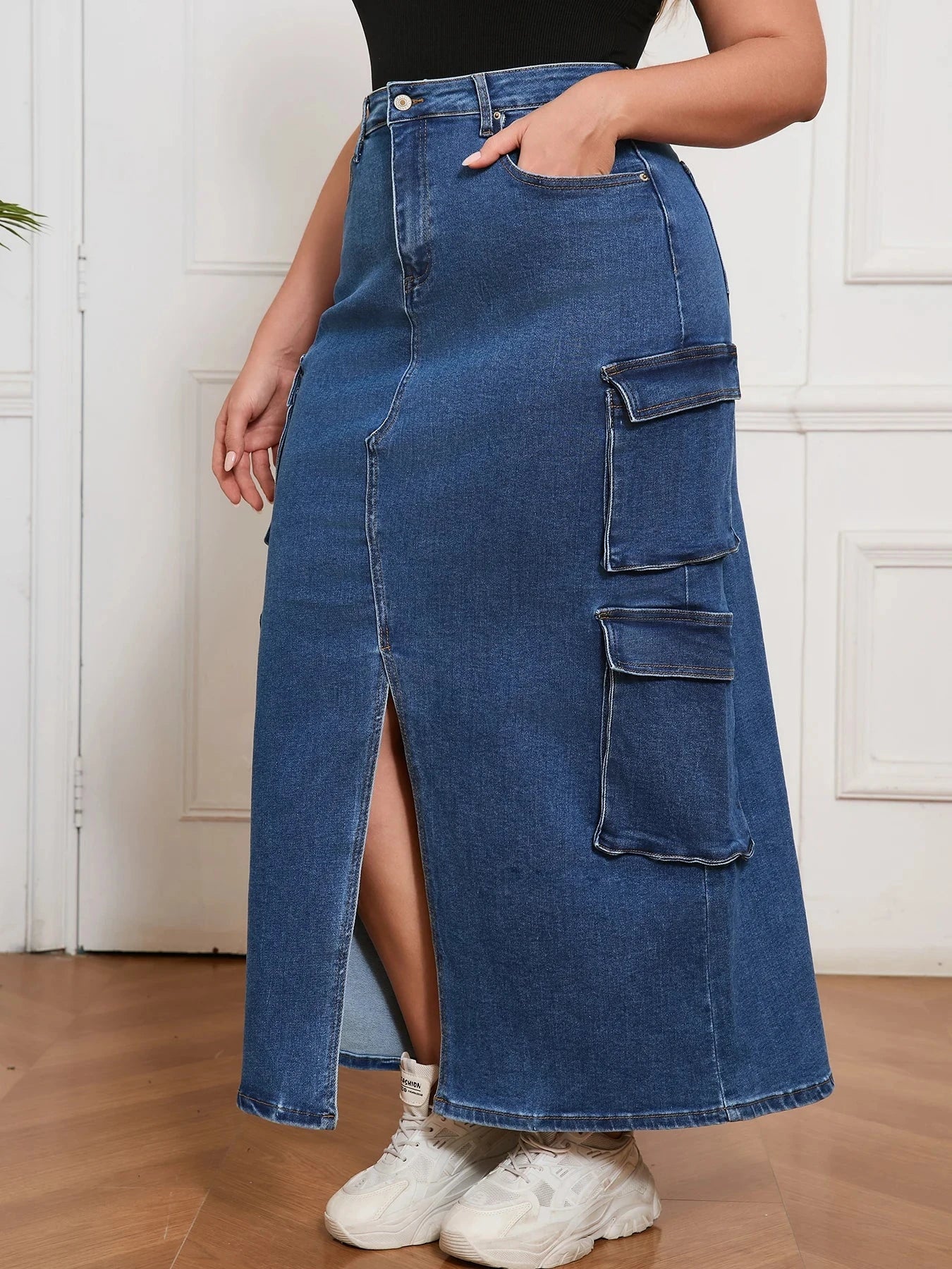 Denim Long Skirt for Women Street Style Cargo Design Split Hem Chic Outfit Casual Fashion Clothing Pants GlowCart