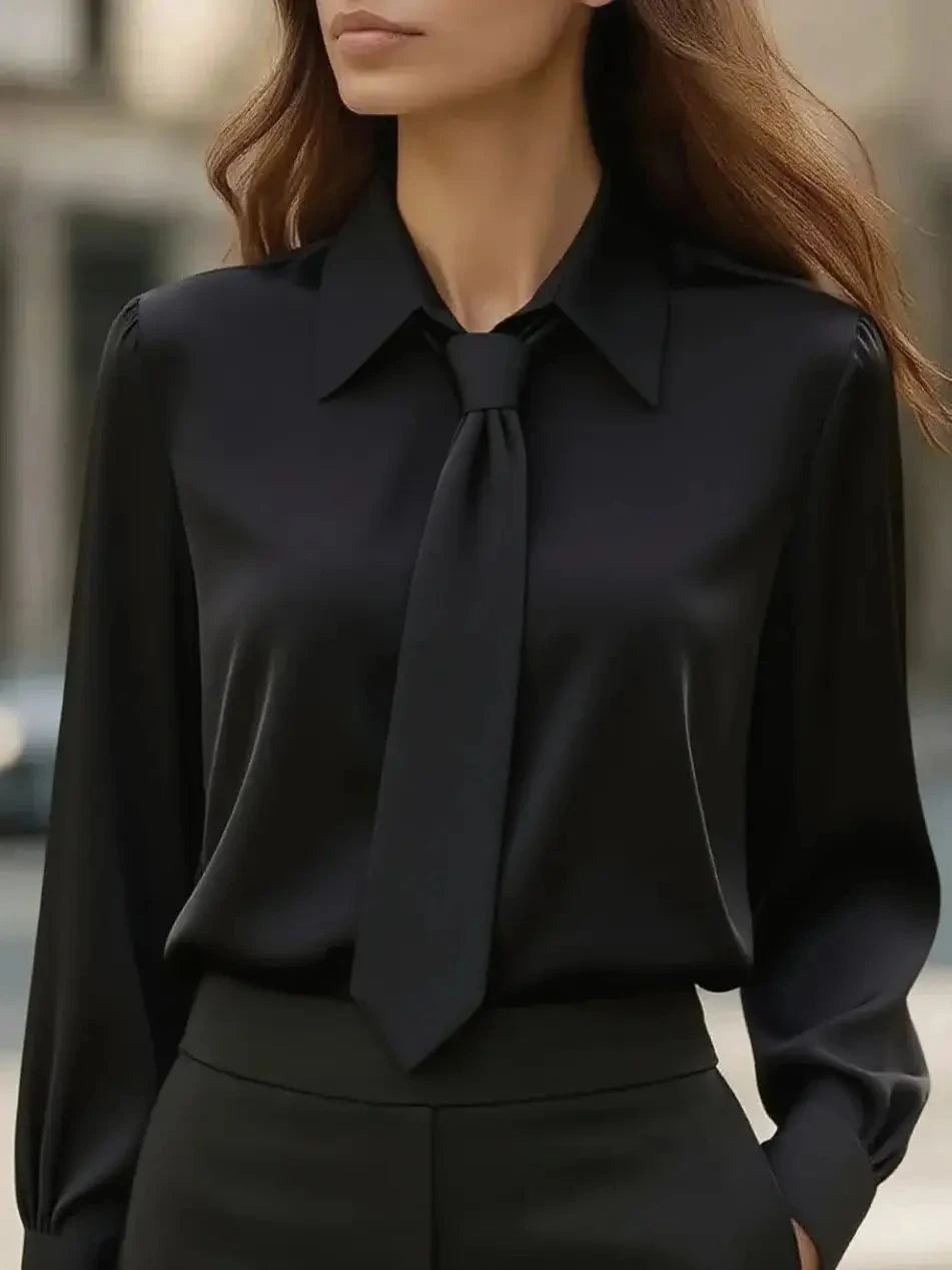 Women's Solid Color Satin Tie Long Sleeve Casual Shirt Work GlowCart