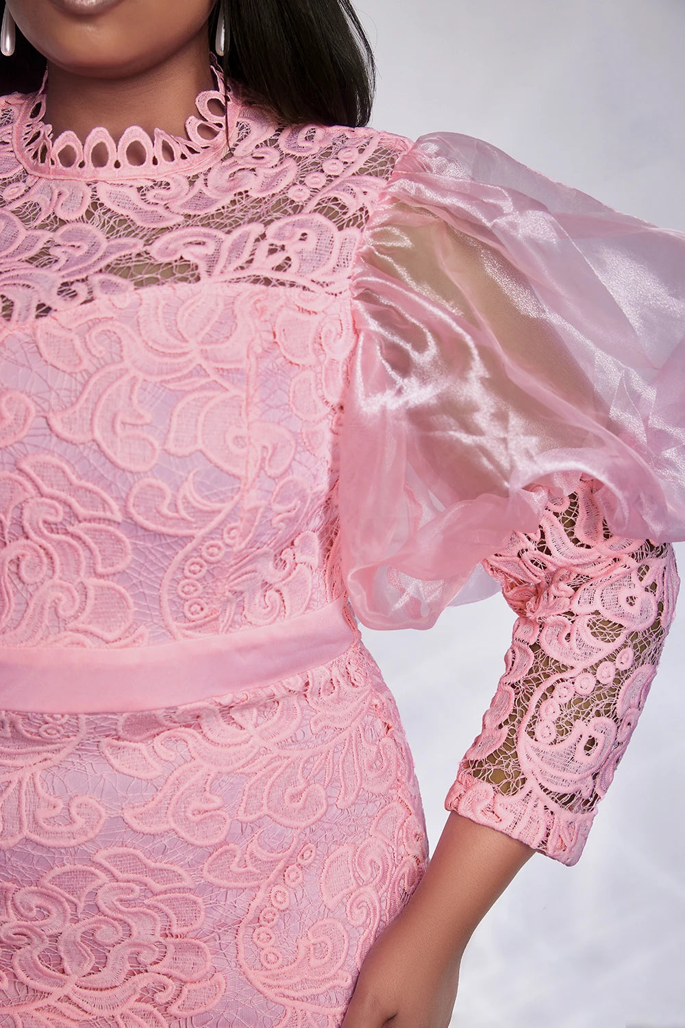 Women Plus Size Formal Dress Pink Lace Puff Sleeve See-Through Midi Dress Elegant Sweet Wedding Guest Cocktail Bodycon Dresses GlowCart