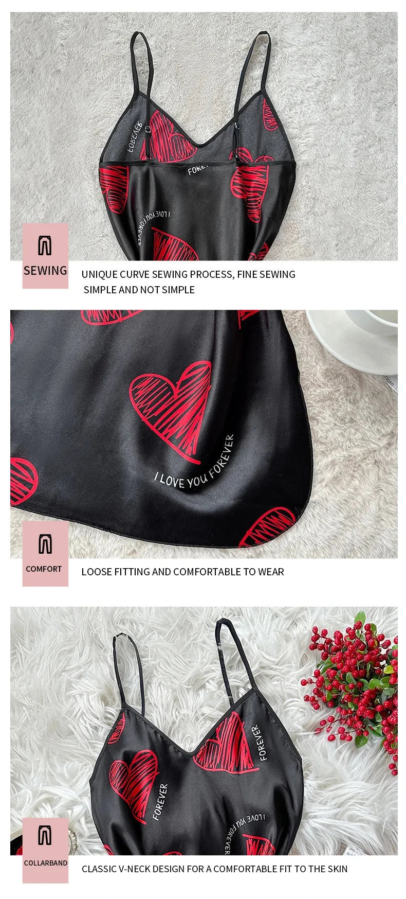 Valentine's Day Red Lip Print Satin Slip Nightdress V Neck GlowCart