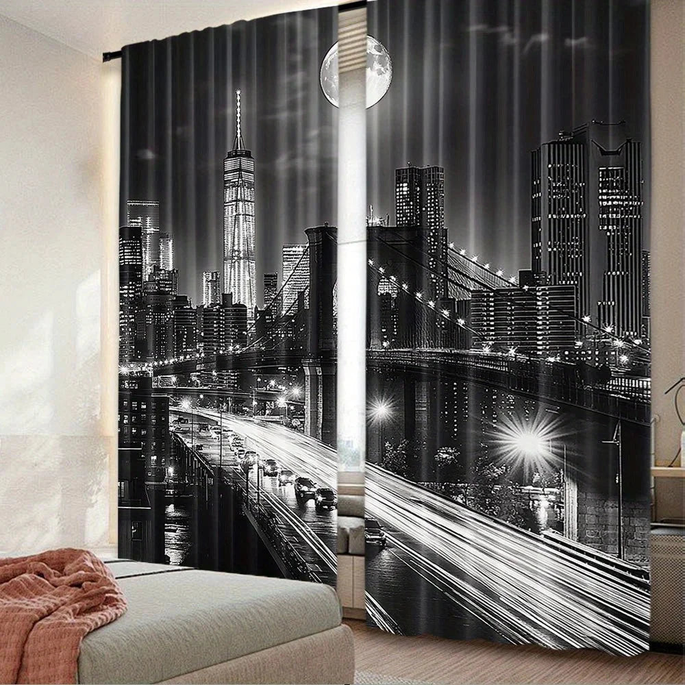 2PC New York Skyline Blackout Curtains - Woven Polyester GlowCart