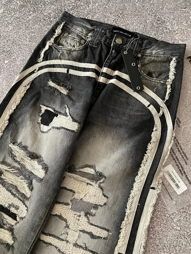 Streetwear American New Hole Washed Yellow Baggy Jeans Male GlowCart