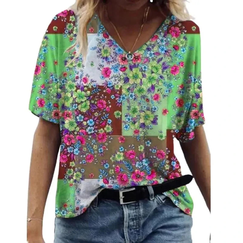 Women's T Shirts V-neck 3d Art Print Tops Loose Short Sleeve GlowCart