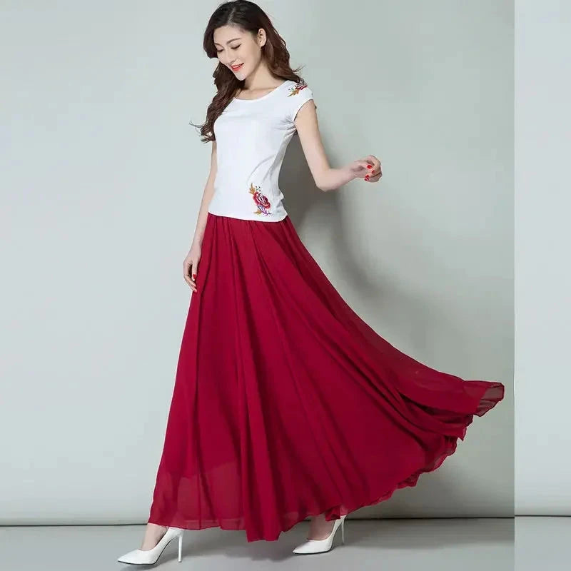 New Summer Chiffon Skirts Plus Size Full-Length Skirt High Waist Elegant Dance Skirt Pink Black Red Royal Blue White Long Skirts GlowCart