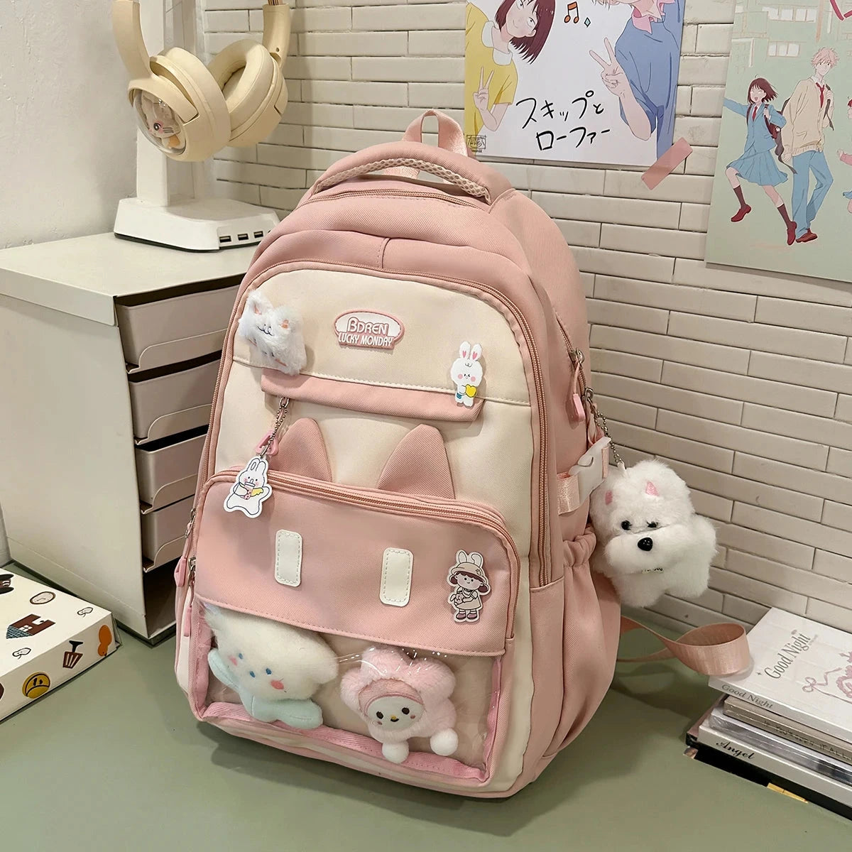 Cute Backpack School Bag Transparent Window Plush Puppy Cartoon Decor Large Capacity Nylon Zipper Adjustable Straps for Travel GlowCart