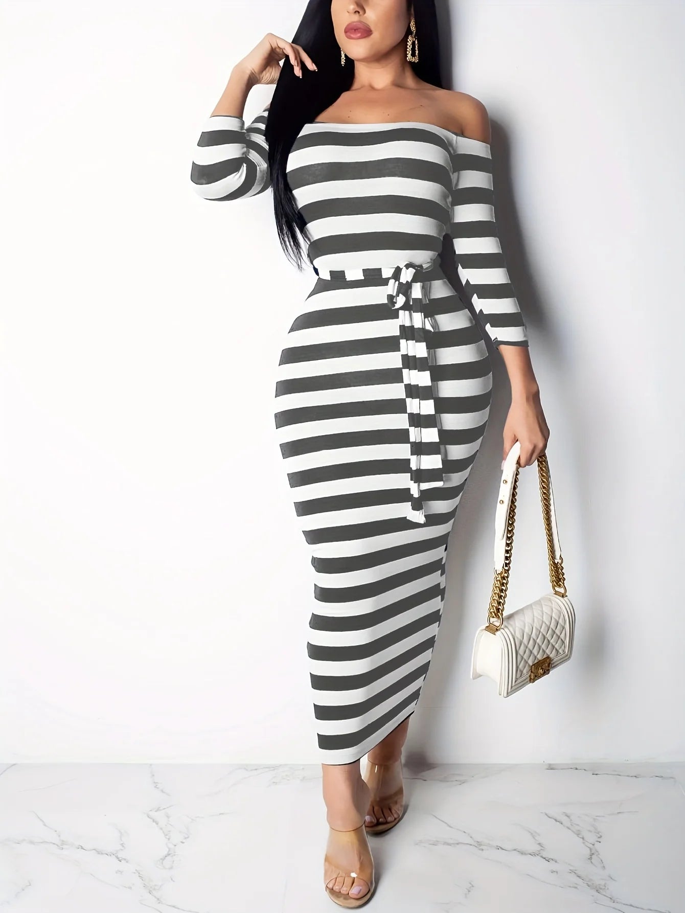 New 2024 Casual Women Dress Summer Striped Bodycon Midi Dresses Slash Neck Lace Up Three Quarter Pencil Dresses GlowCart