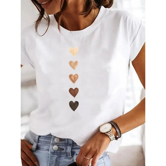 Love Heart Print Women Summer T Shirt Girl O Neck Funny Y2K GlowCart