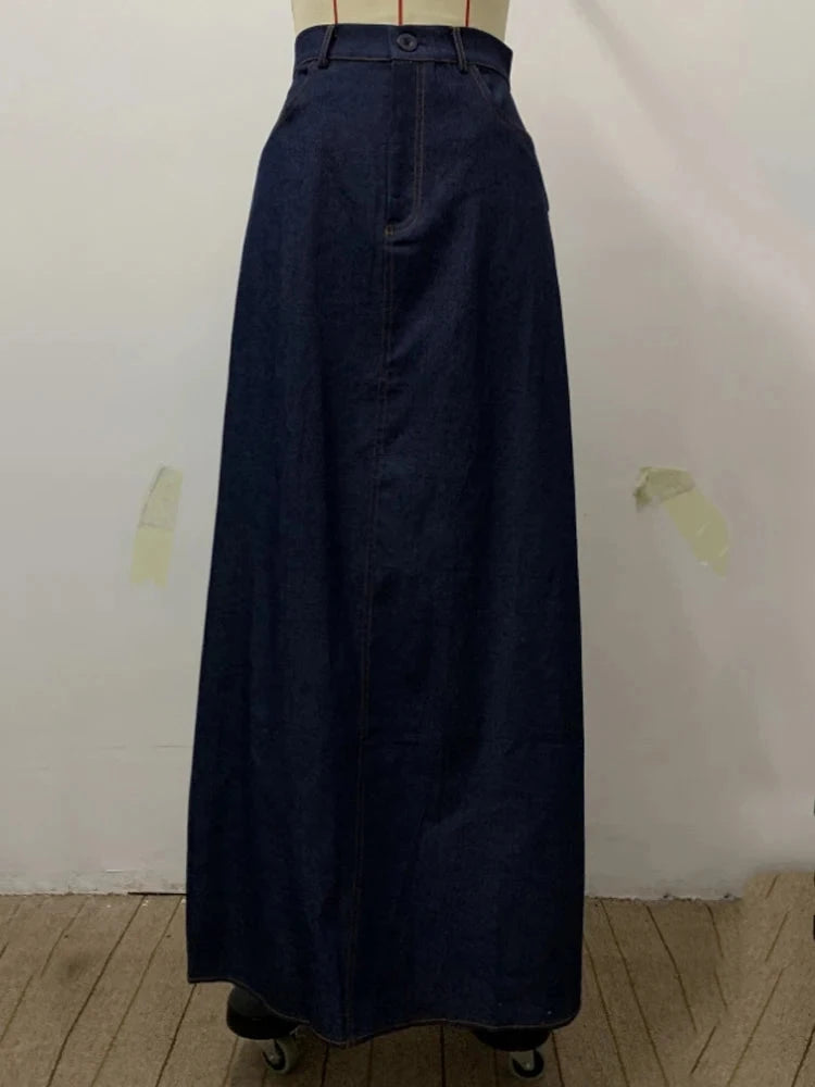 2025 New Fashion Imitation Denim H-Line High Waist Skirts Spring Summer Loose Solid Color Pockets Maxi Skirt For Women GlowCart