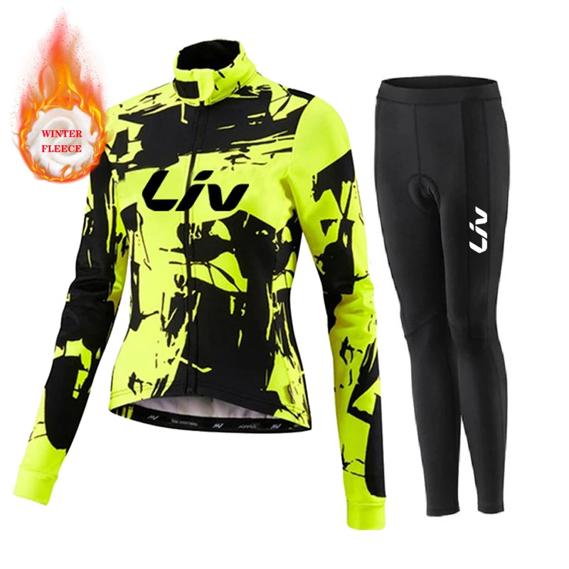 Liv Women Team Winter Fleece Long Sleeve Cycling Jersey Set Mountian Bicycle Clothes Wear Ropa Ciclismo Racing Bike Jersey Suit GlowCart
