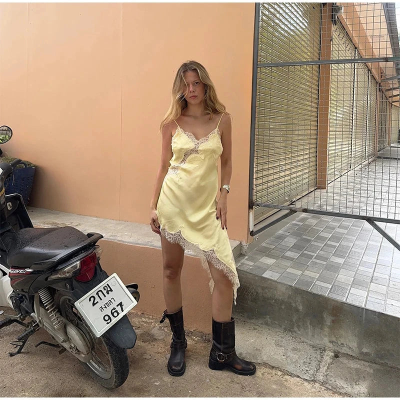 Sexy Lace Patchwork Sling Dress Women Satin Off-shoulder GlowCart