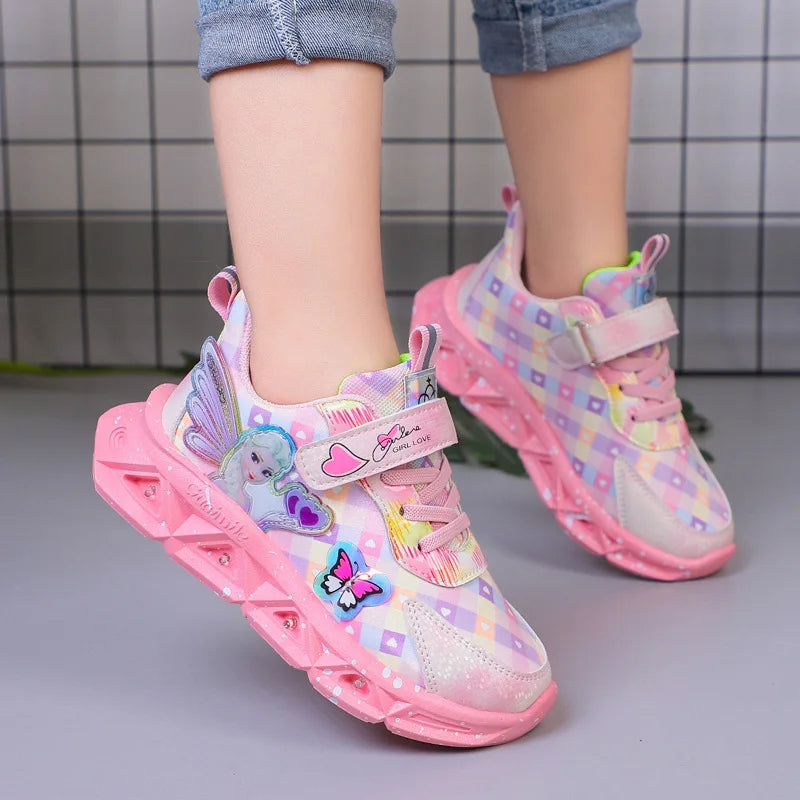 Disney Children's Sports Shoes Led Lights Sneaker Cartoon Frozen Princess  Elsa PU Leather Girls' Pink Children's Running Shoes GlowCart