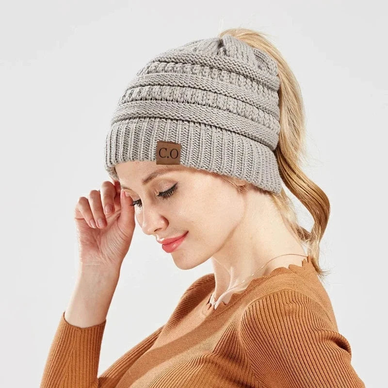 Women Winter Knit Ponytail Hats Warm Messy High Bun Autumn GlowCart