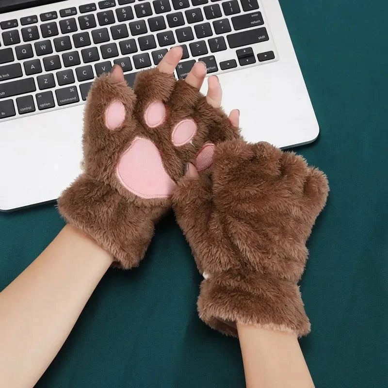 Women Cartoon Cat Claw Gloves Thickened Plush Lovely Style GlowCart