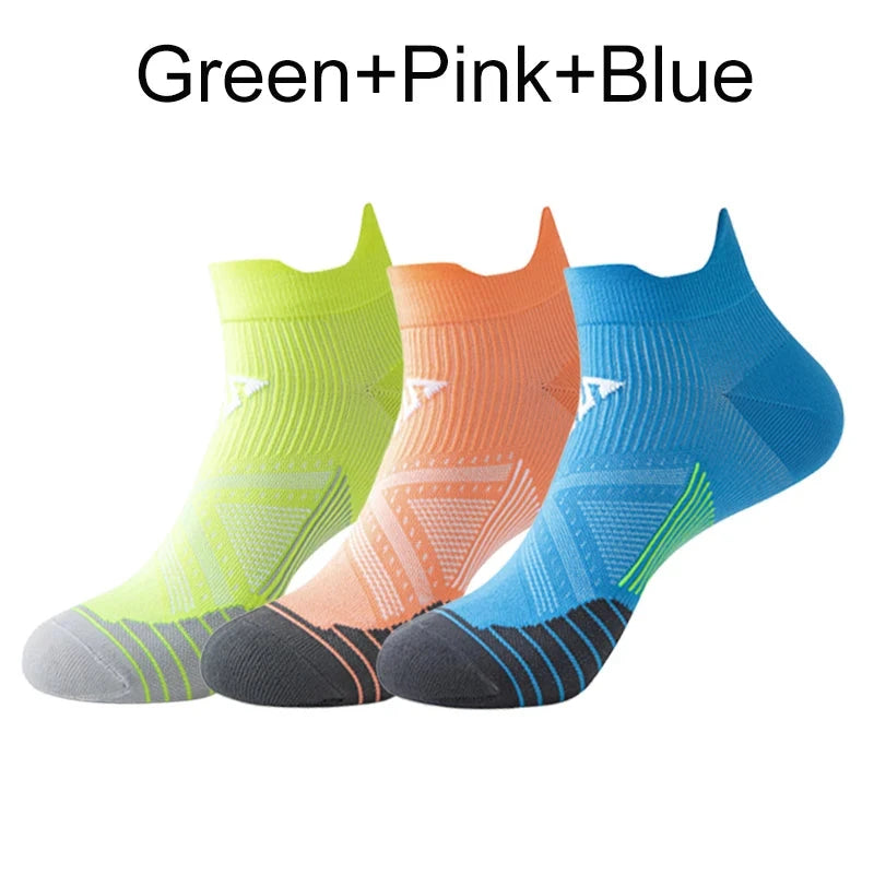 3 Pairs Marathon Socks Men Women Professional Sport Ankle Running Socks Thickened Cushioned Tube Low Cut Fitness Short Sock Mesh GlowCart