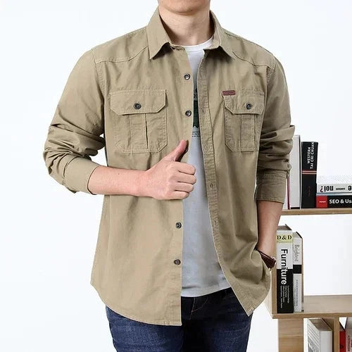 High-quality washed cotton shirt men's long-sleeved lapel GlowCart