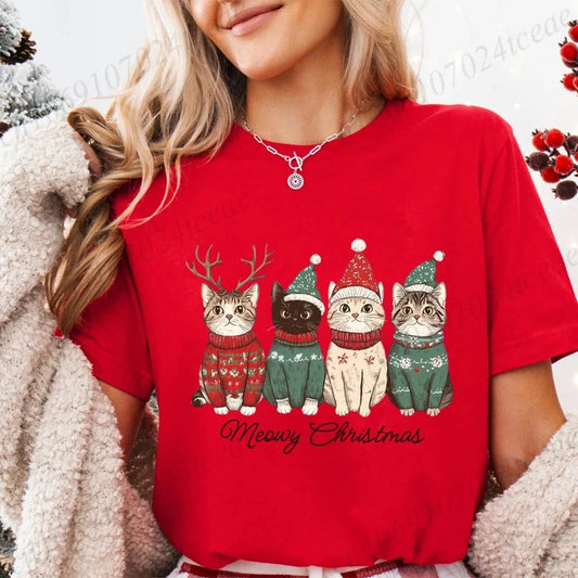 Meowy Christmas Cat Print Women Fashion T Shirt Girl O Neck GlowCart
